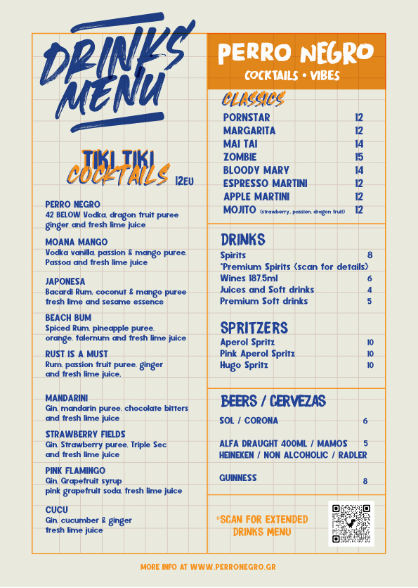 Perro Negro drinks menu