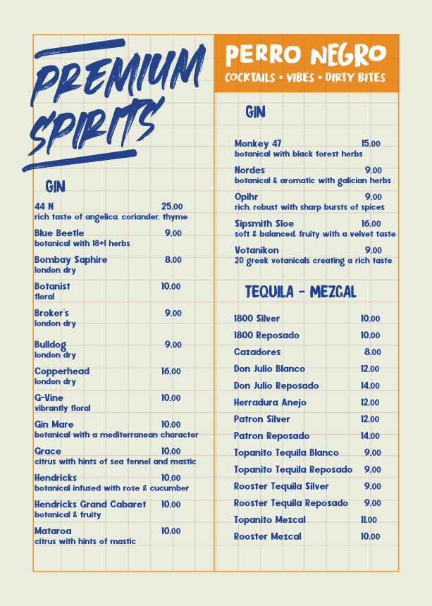 Perro Negro premium spirits menu