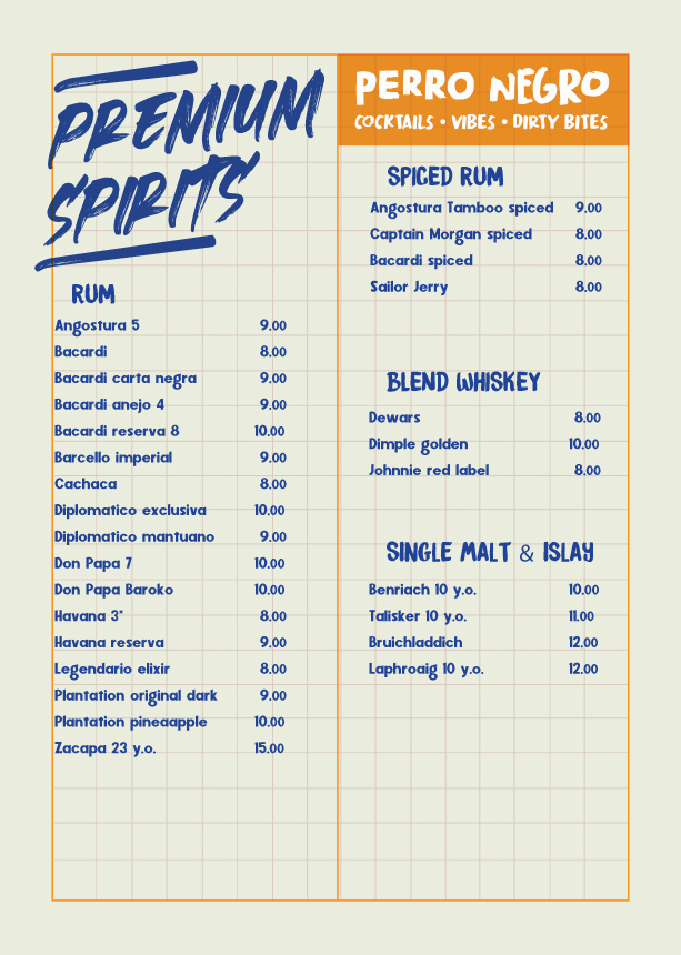Perro Negro premium spirits menu